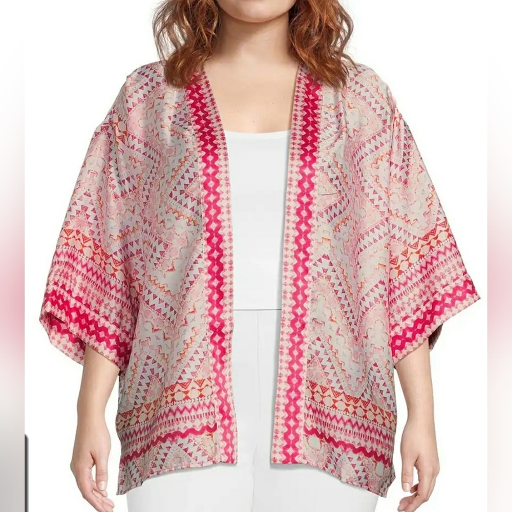 Slim Factor by Investments Mosaic Tile Open Front Short Sleeve Kimono Plus Size